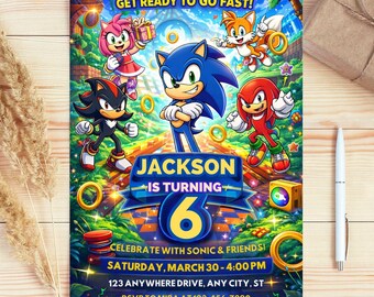 Sonic födelsedagsinbjudan, The Hedgehog-festinbjudan, redigerbar Canvas-mall | Utskrivbar digital barnfest för direktnedladdning