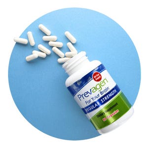 May include: A white bottle of Prevagen dietary supplement with white capsules spilling out. The bottle has a blue and green label with the text "Prevagen For Your Brain REGULAR STRENGTH Dietary Supplement 60 Capsules".