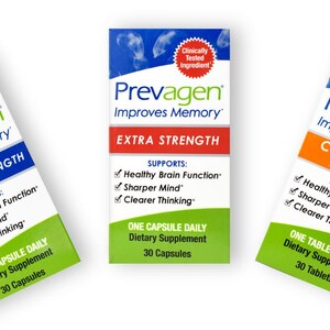 May include: Three boxes of Prevagen dietary supplements. The boxes are white with blue and green accents. The boxes are labeled "Regular Strength", "Extra Strength", and "Chewables Orange Flavor". Each box states it supports healthy brain function, sharper mind, and clearer thinking.