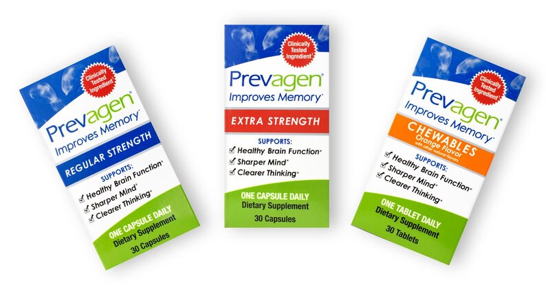 May include: Three boxes of Prevagen dietary supplements. The boxes are white with blue and green accents. The boxes are labeled "Regular Strength", "Extra Strength", and "Chewables Orange Flavor". Each box states it supports healthy brain function, sharper mind, and clearer thinking.