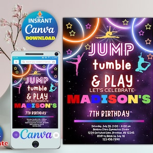 Jump Tumble & Play Gymnastics Birthday Invitation | Editable Rainbow Gymnastics Party Invite for Girls | Canva Template