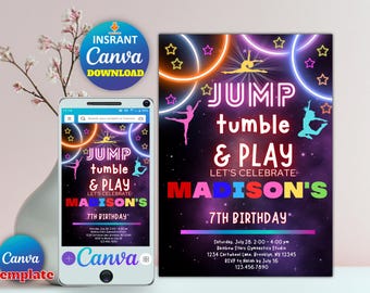 Jump Tumble & Play Gymnastics Birthday Invitation | Editable Rainbow Gymnastics Party Invite for Girls | Canva Template