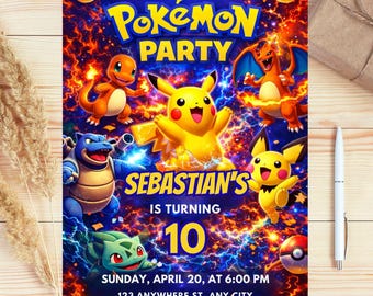Printable Pokemon Birthday Invitation, Pokemon Theme Invitation, Digital Bday Party Invite Template, Editable Birthday Party Invitations