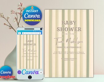 Editable Coastal Baby Shower Invitation for Girl | Nautical Theme Baby Invite Template | Canva Editable Baby Shower or Birthday Card