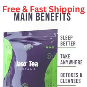 Pu&ograve; includere: Una busta viola e verde di Iaso Tea Instant. Il testo recita LetsMoveForward, MAIN BENEFITS, SLEEP BETTER, TAKE ANYWHERE e DETOXES & CLEANSES. La confezione presenta un logo circolare in basso e un elemento grafico a spirale.