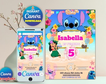 Editable Stitch Birthday Invitation -Pink Stitch Party Invite for Girls - Instant Download Canva Template Printable Kids Birthday Invitation