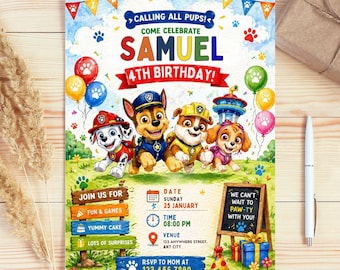 Editable Paw-ty Birthday Invitation Template | Kids Printable Party Invitation | Puppy Patrol Pup Crew Boys & Girls Bday | Digital Download