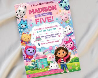 Editable Gabbys Dollhouse Birthday Invitation, Gabby Kids Party invites, Gabby's Printable Template, Digital Download Gabby Dollhouse