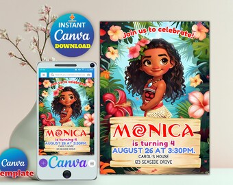 Invitación de cumpleaños de Moana para niña / Linda invitación para fiesta hawaiana de Moana / Plantilla editable de Canva / Invitación digital de cumpleaños para niños