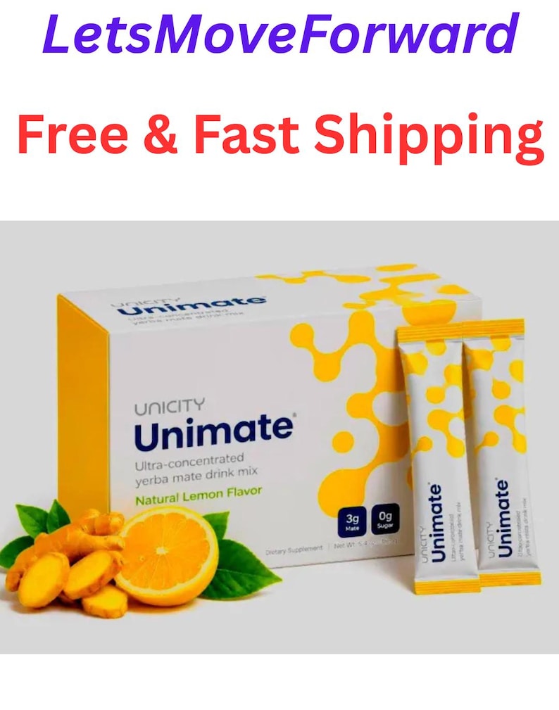 May include: A white rectangular box of Unicity Unimate ultra-concentrated yerba mate drink mix with yellow organic patterns, two matching stick packets, a sliced lemon, and ginger root. The box displays text including Unimate and Natural Lemon Flavor.