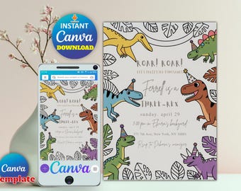 Editable Dinosaur 3rd Birthday Invitation | I'm a Three Rex Boy Party Invite | Canva Template | Editable Birthday Invitation for Boys