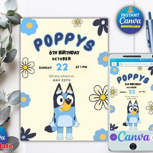 Convite de aniversário Bluey, modelo editável do Canva, convite para festa de aniversariante, festa de aniversário Bluey, convite para festa de aniversário, download instantâneo