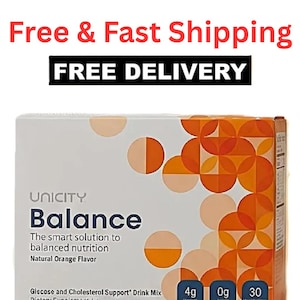 May include: A rectangular box of Unicity Balance dietary supplement drink mix with natural orange flavor. The white packaging features a geometric pattern of orange and peach circles, with text stating Glucose and Cholesterol Support.