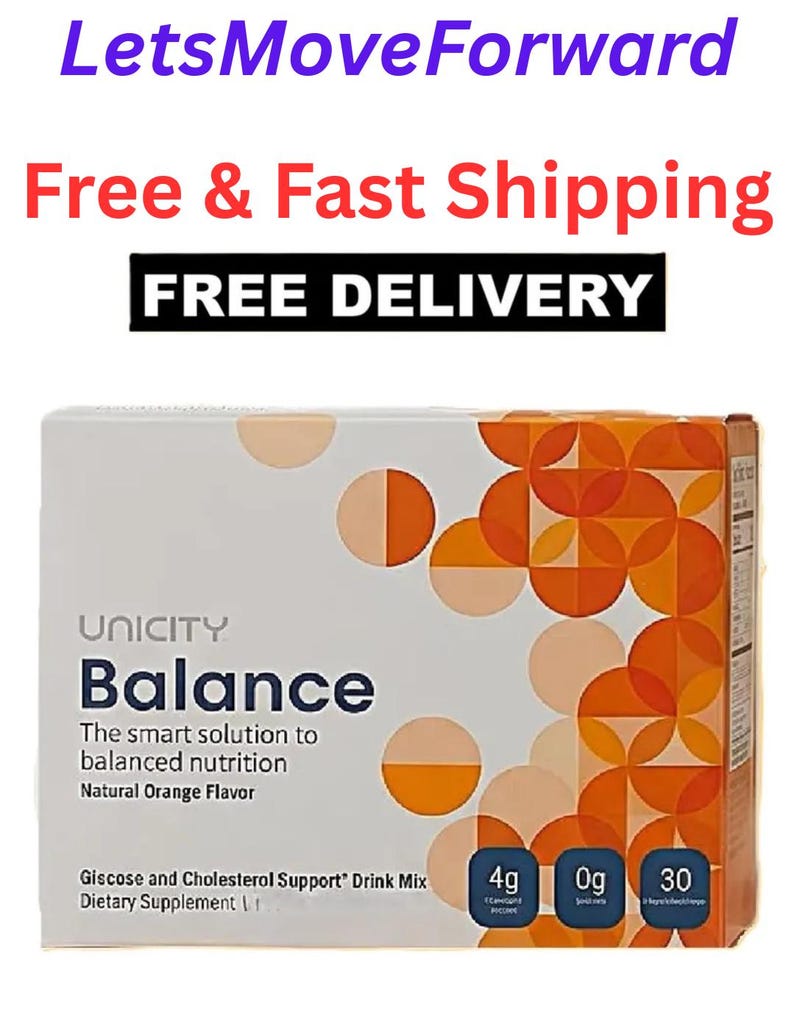 May include: A rectangular box of Unicity Balance dietary supplement drink mix with natural orange flavor. The white packaging features a geometric pattern of orange and peach circles, with text stating Glucose and Cholesterol Support.