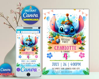 Stitch Birthday Invitation Template, Editable Canva Invite, Cartoon Stitch Birthday Party Invitation, Instant Download