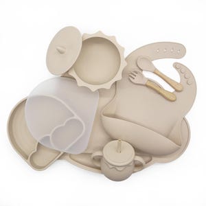 Bambiroo 9-Piece Silicone Baby Feeding Set | BPA-Free | Baby Bib, Suction Plate, Bowl, Sippy Cup, Utensils | Green Pink Rose Beige Blue