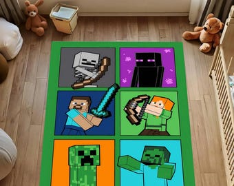 Pixel Adventure Rug : Green Monster Gamer Carpet for Kids Room & Video Game Play Area