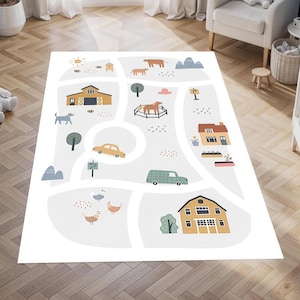 Dywan Farm Town Play Mat, dywanik dziecięcy, dekoracja do pokoju dziecięcego Montessori, zmywalny, antypoślizgowy spód