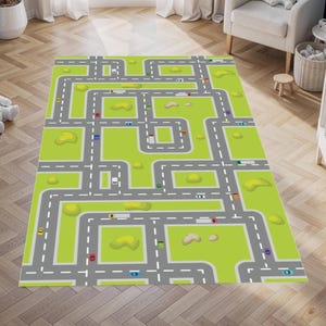 Kids City Streets Play Rug, Car Track Road Map Mat, Washable Non-Slip Playroom Decor