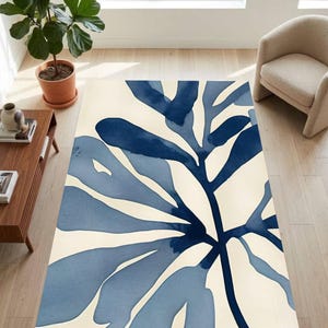 Indigo Blue Botanical Area Rug, Washable Non Slip Carpet, Japandi Style Rug,Modern Abstract Floral Navy Rug ,Cobalt Blue Watercolor mat