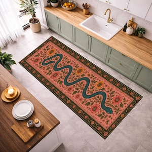 Ormmatta, Blommig ormmatta, Boho sovrum vardagsrum kök hall entrématta, maskintvättbar, halkfri matta