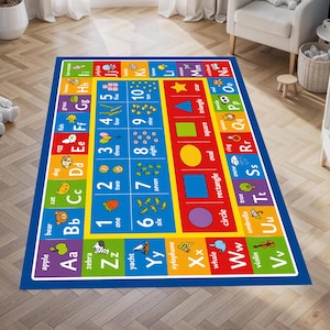 May include: A rectangular educational rug with a blue border. The rug features the alphabet, numbers, and shapes in various colors. Illustrations of objects like apples, bears, and zebras are also included. Great for a child's playroom.