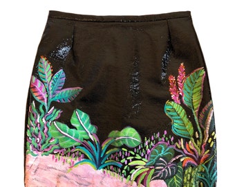 Size UK 10/12 Black Tropical Painted Pleather Skirt Upcycled Recycled Sustainable Clothing