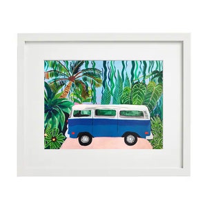 May include: A framed art print featuring a blue and white vintage van parked on a pink path, surrounded by lush green tropical foliage. The artwork is set against a light blue sky, creating a vibrant and cheerful scene.