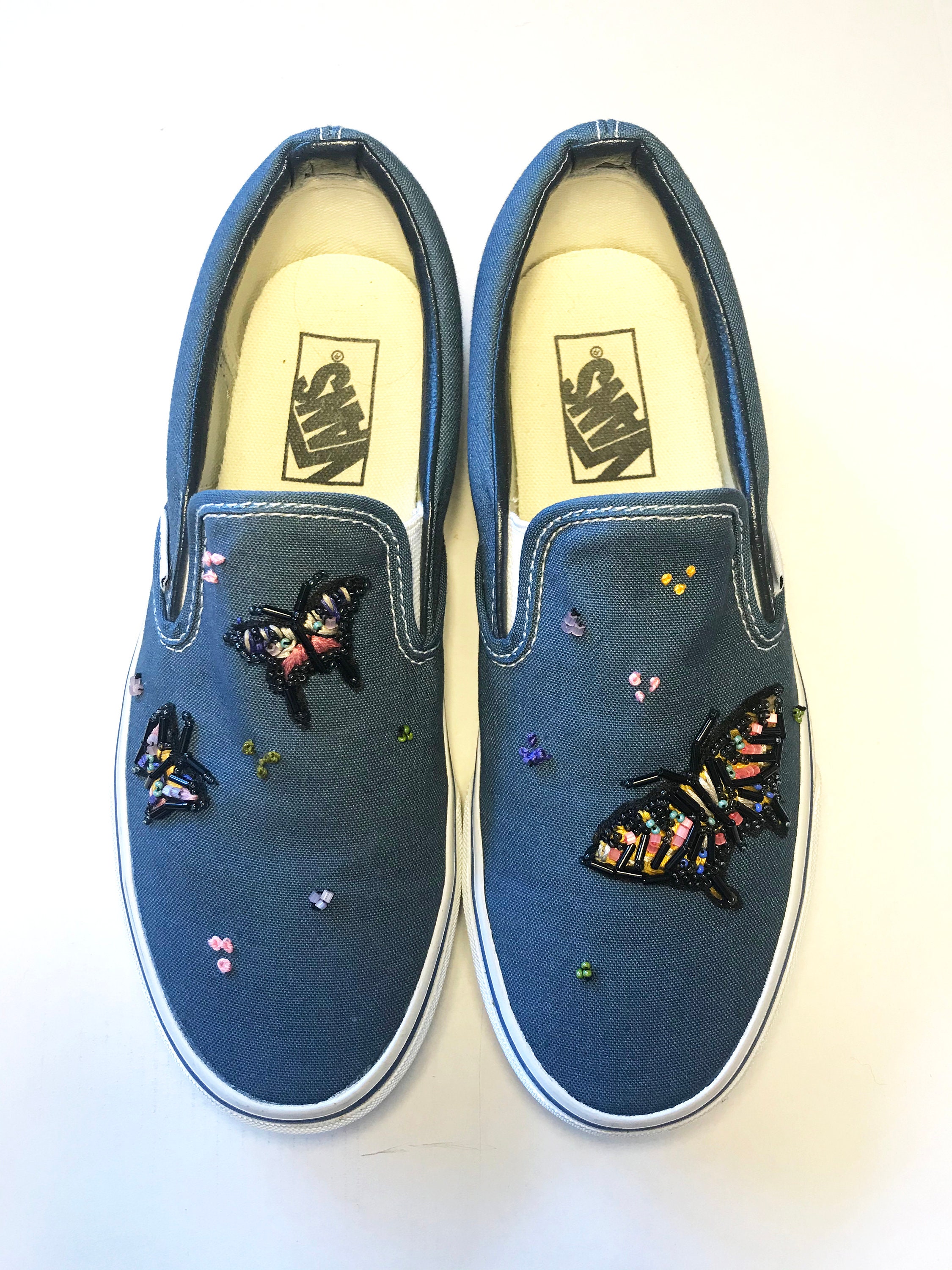 Hand Embroidered & Beaded One of a Kind Slip on Blue Vans Size Etsy