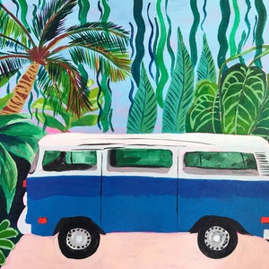 May include: A vibrant painting of a blue and white vintage van parked on a pink road, surrounded by lush green tropical foliage. Palm trees and various plants create a jungle-like backdrop. The artwork evokes a sense of travel and adventure.