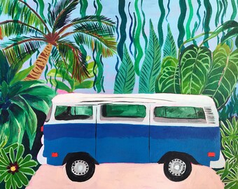 Blue Campervan Giclee Fine Art Archival Print /Matte Paper Print/ Ready to Hang Canvas