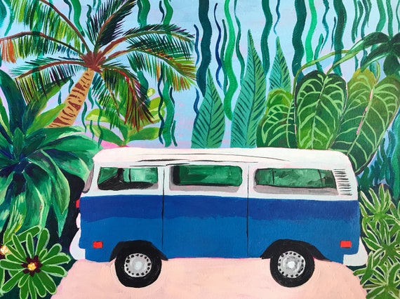 Blue Campervan Giclee Fine Art Archival Print /Matte Paper Print/ Ready to Hang Canvas