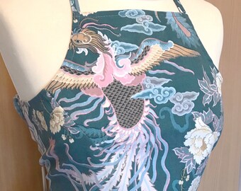 Dragon Phoenix Print Recycled Material Festival Top, Strappy, Sustainable, One-of-a-Kind