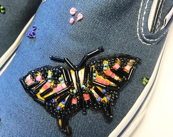 Hand Embroidered & Beaded One of a Kind Slip On Blue Vans Size UK 5, Eu 38