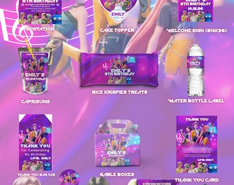 May include: A bundle of party supplies for an Emily's 5th birthday celebration. Includes invitations, cake topper, welcome sign, CapriSun labels, Rice Krispies treats, water bottle labels, thank you bag tags, gable boxes, thank you cards, cupcake topper, and chip bags.