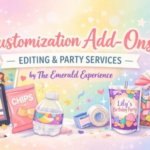 May include: A colorful illustration promoting customization services. The image features a tablet, chips, water bottle, tape, and party favors. Text includes "Customization Add-Ons" and "Editing & Party Services."