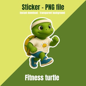 Op de afbeelding: Een groene cartoon schildpad met een witte hoofdband, t-shirt, blauwe shorts en sneakers, aan het rennen. Het t-shirt heeft een zonontwerp. Tekst bovenaan zegt "Sticker - PNG file" en "Instant download - transparent background." De onderste tekst zegt "Fitness turtle."