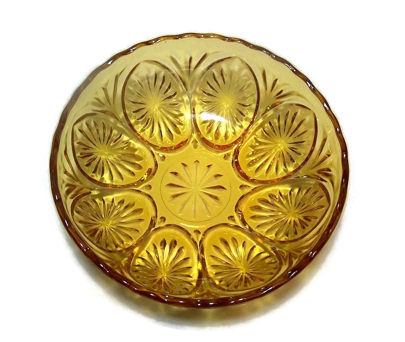 Amber Pressed Glass Serving Bowl 1970s Anchor Hocking Star and Cameo Retro Dining