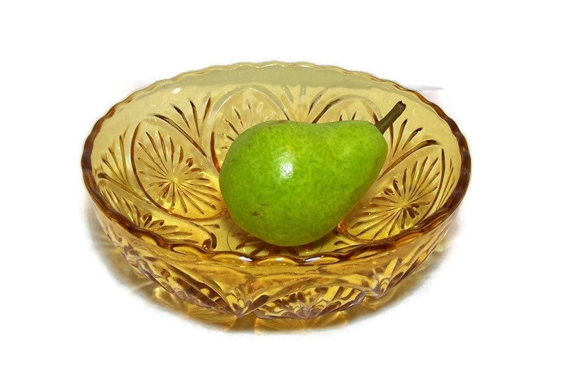 Amber Pressed Glass Serving Bowl 1970s Anchor Hocking Star and Cameo Retro Dining
