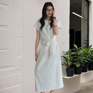 Vintage Linen Dress for Women,Summer Linen Dress, Minimalist Linen Dress,Short Sleeve Linen Dress, Linen Clothing With Belt