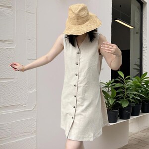 Vintage Linen Dress for Women,Summer Simple Linen Dress, Minimalist Linen Mini Dress,Short Sleeve Linen Dress, Linen Clothing, Gift