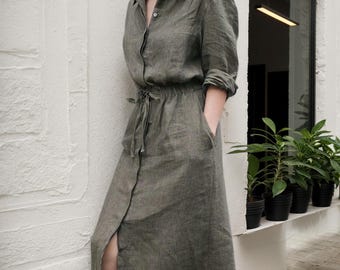 Vintage Linen Dress for Women, Simple Linen Dress, Minimalist Linen Maxi Dress,Long Sleeve Linen Dress, Linen Clothing With Belt