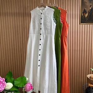 Vintage Beaded Embroidered Linen Dress: Sleeveless Minimalist Maxi