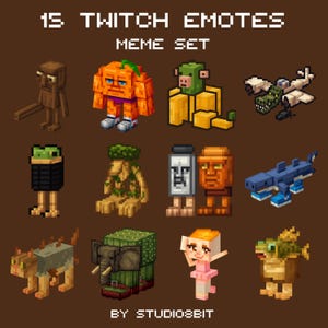 Peut inclure: Ensemble de 15 emotes Twitch en pixel art sur le thème des mèmes. Les emotes présentent divers personnages, dont une citrouille, un personnage ressemblant à un cochon, une grenouille, un requin et une ballerine. Le texte "15 TWITCH EMOTES MEME SET" est en haut.