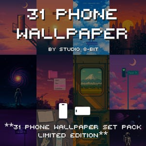Puede incluir: Un collage de arte digital con 31 fondos de pantalla para teléfono con arte pixelado. Los fondos de pantalla muestran varias escenas, incluyendo paisajes urbanos, paisajes y temas espaciales. El texto dice "31 PHONE WALLPAPER" y "LIMITED EDITION" con el logo de Studio 8-Bit.