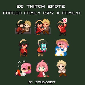 Puede incluir: Un conjunto de emotes de Twitch en pixel art que representan a los personajes de la serie de anime "Spy x Family". Los emotes muestran a la familia Forger en varias poses y expresiones. El texto dice "20 Twitch Emote Forger Family (Spy x Family)".