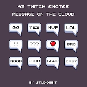 Pode incluir: Imagem pixelizada com 12 balões de fala contendo vários textos e símbolos, incluindo "GG", "YES", "MVP", "LOL", "!!!", "???", um coração, "BRO", "NOOB", "GOOD", "GGWP" e "EASY". O texto "43 Twitch Emotes" e "Message on the Cloud" também está presente.