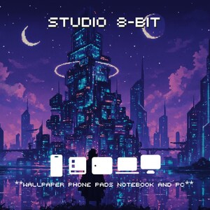 May include: Digital art featuring a futuristic cityscape with tall buildings and a purple night sky. The text "STUDIO 8-BIT" is at the top. Below are icons for wallpaper, phone, pads, notebook, and PC.