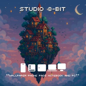 以下が含まれることがあります： ピクセルアートのイラスト。家と塔のある浮島が、三日月のある夜空の下に描かれています。「STUDIO 8-BIT」の文字が上にあります。電話、パッド、ノートブック、PCのアイコンが下にあります。下部のテキストは「WALLPAPER PHONE PADS NOTEBOOK AND PC」です。