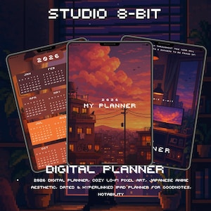May include: Three digital planners with pixel art cityscapes and sunset skies. The planners display the year 2026 and the text "MY PLANNER" and "DIGITAL PLANNER". The image includes the text "STUDIO 8-BIT" and "NOTABILITY".